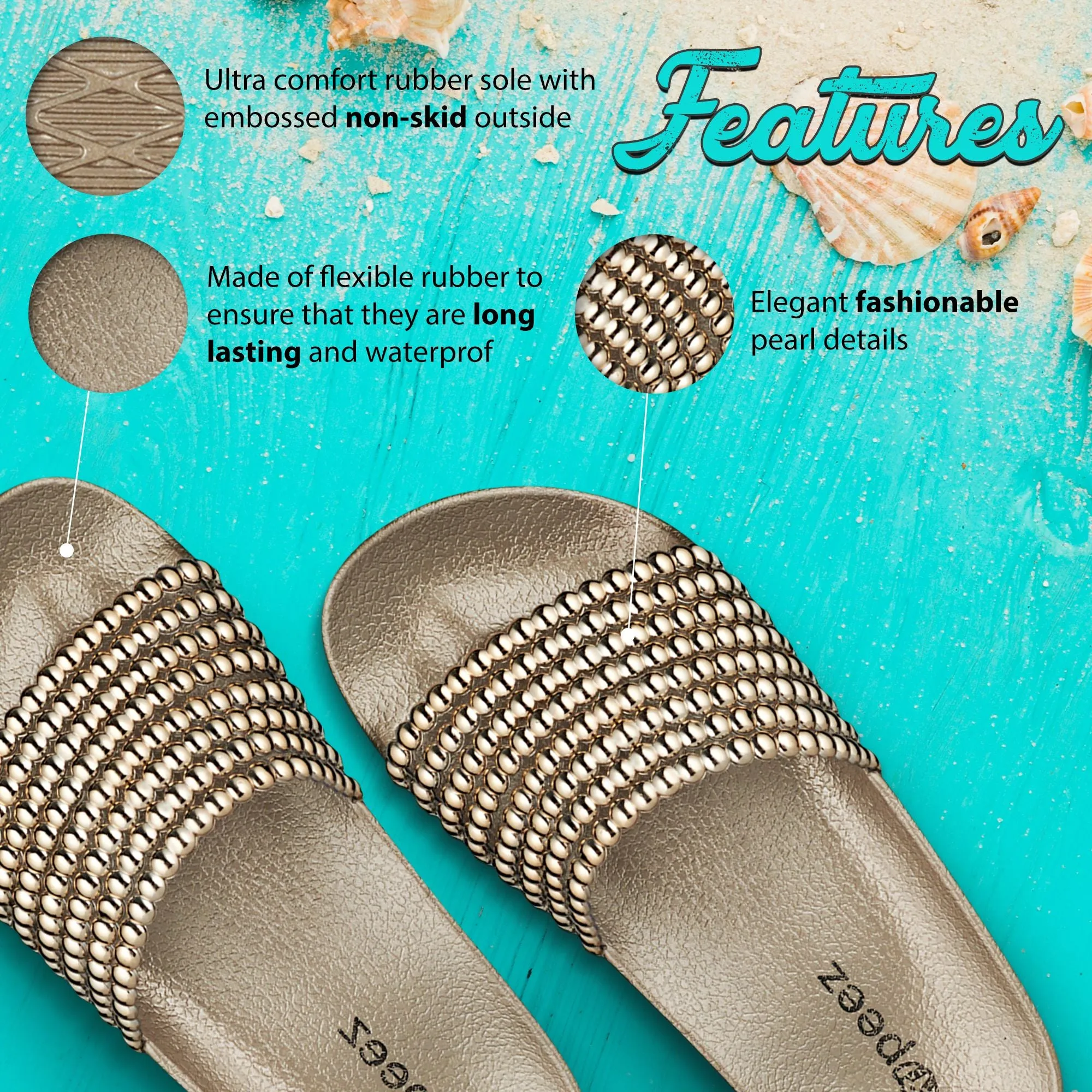 Pupeez Flat Slide Sandals For Kids With A Pearl Detail Strap