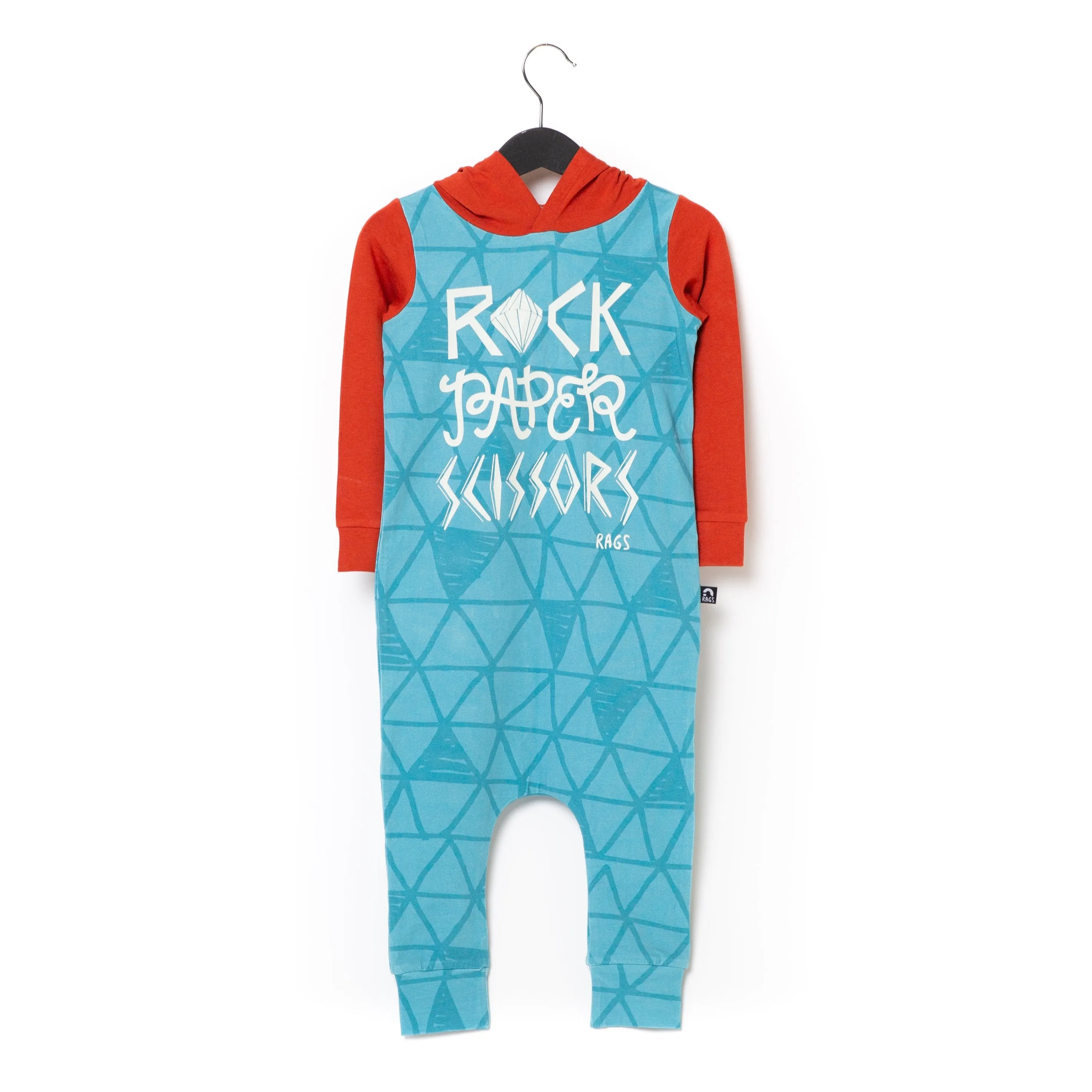 Rags Long Sleeve Hooded Rag Romper- Rock Paper Scissors
