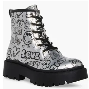 Steve Madden Kids' Jdrina Graffiti Print Combat Boot Silver Black Size 4