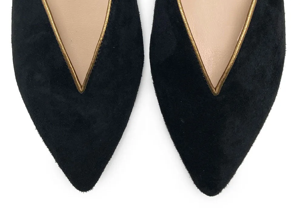 Summer Mule Shoes in Black Suede with Bronze Ankle Tie