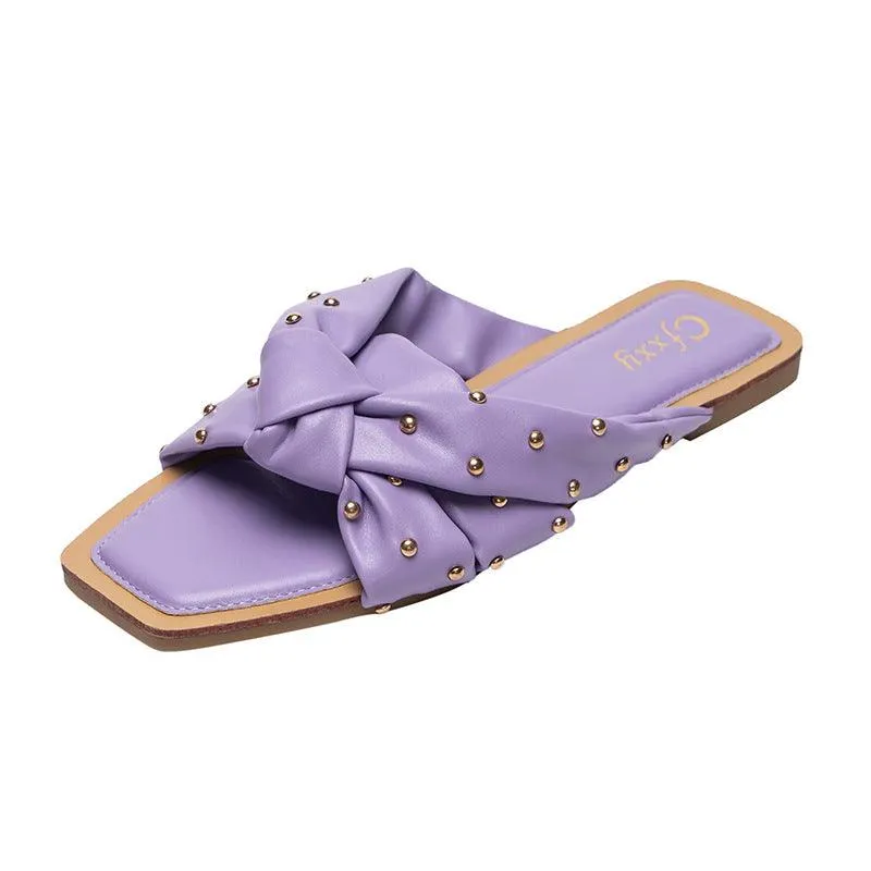 Summer New Style Rivet Woven Slippers Female Cross Flat-bottomed Female Sandals