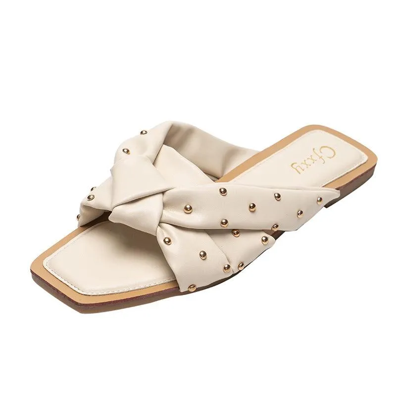 Summer New Style Rivet Woven Slippers Female Cross Flat-bottomed Female Sandals