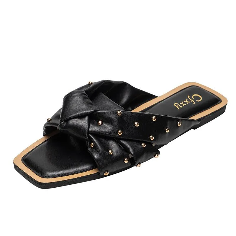 Summer New Style Rivet Woven Slippers Female Cross Flat-bottomed Female Sandals