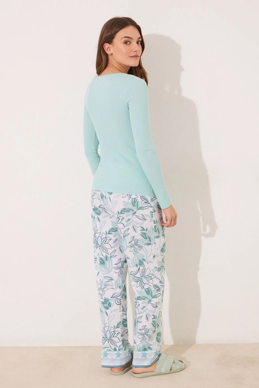Turquoise green long pyjamas with flowers - Green