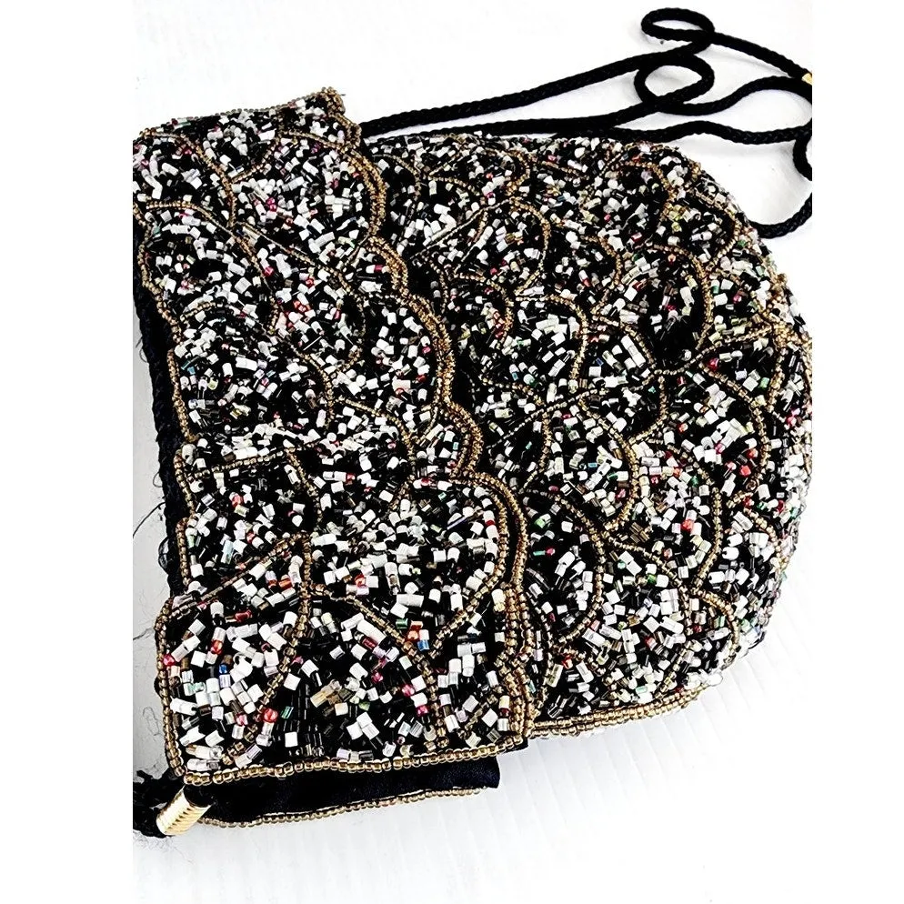 Vintaged Beaded Evening Blac Black Silk Drawstring Crossbody Purse
