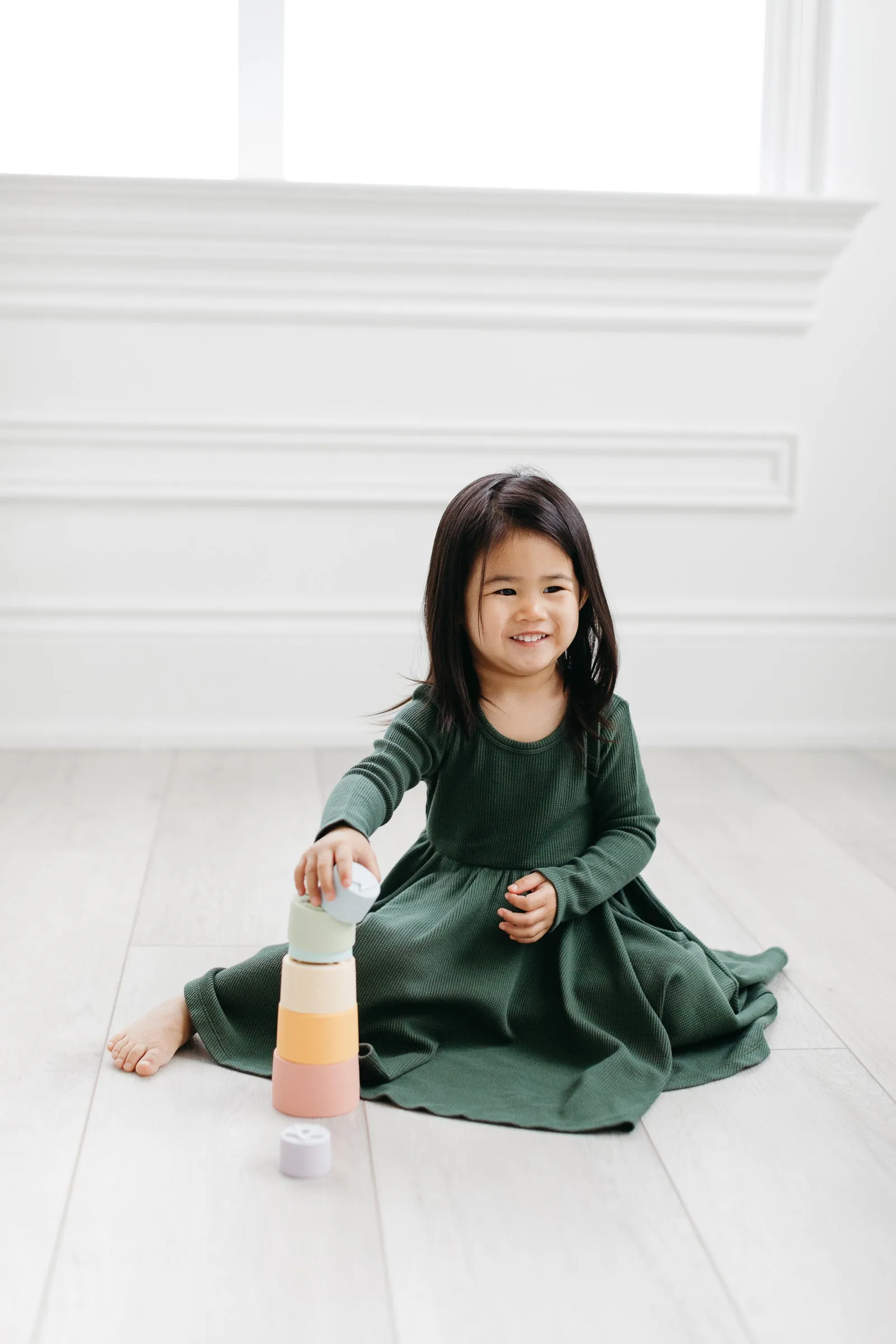 Waffle Long Sleeve Skater Dress - Spruce Green