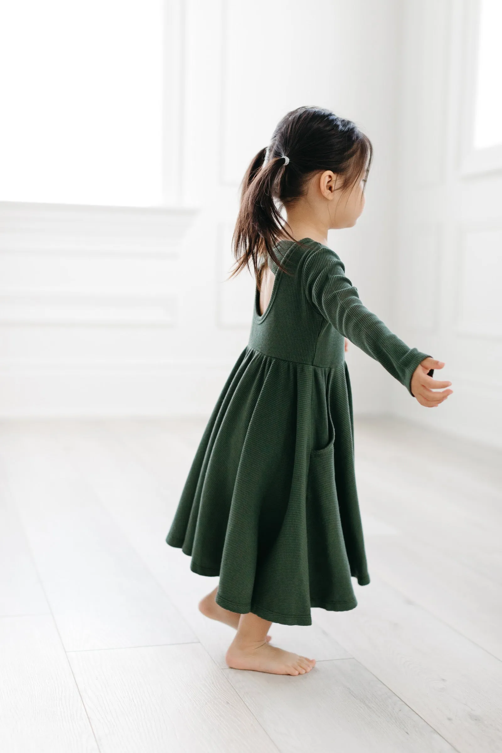 Waffle Long Sleeve Skater Dress - Spruce Green