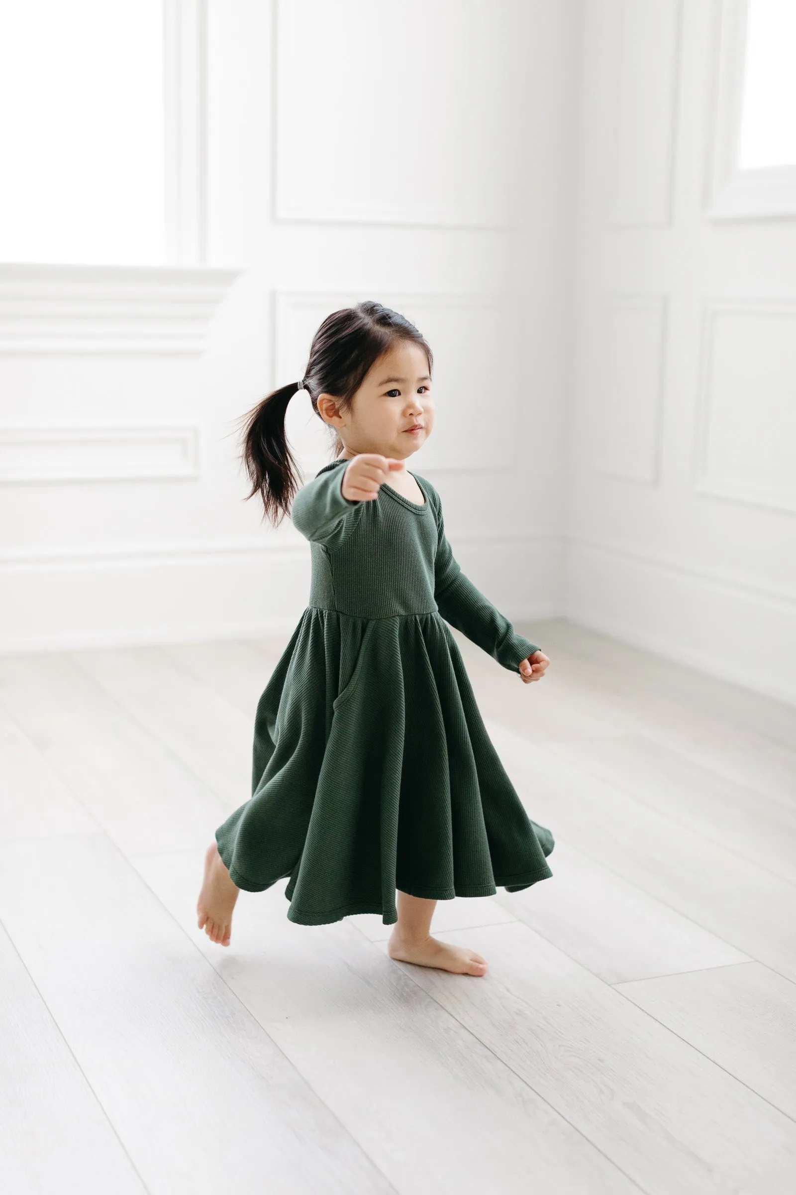 Waffle Long Sleeve Skater Dress - Spruce Green
