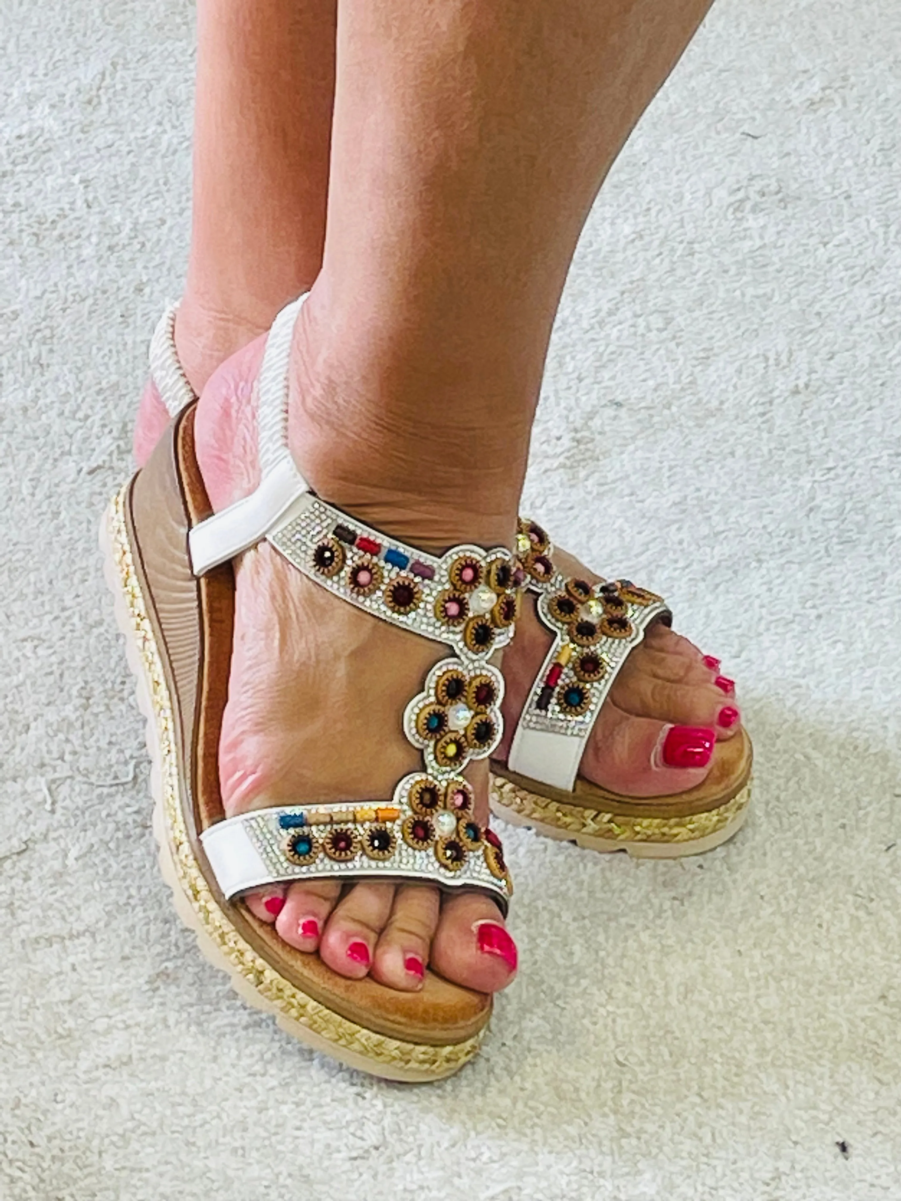 WHITE BEADED LOW WEDGE HEEL SANDALS ( W57 ) sizes 3 to 8