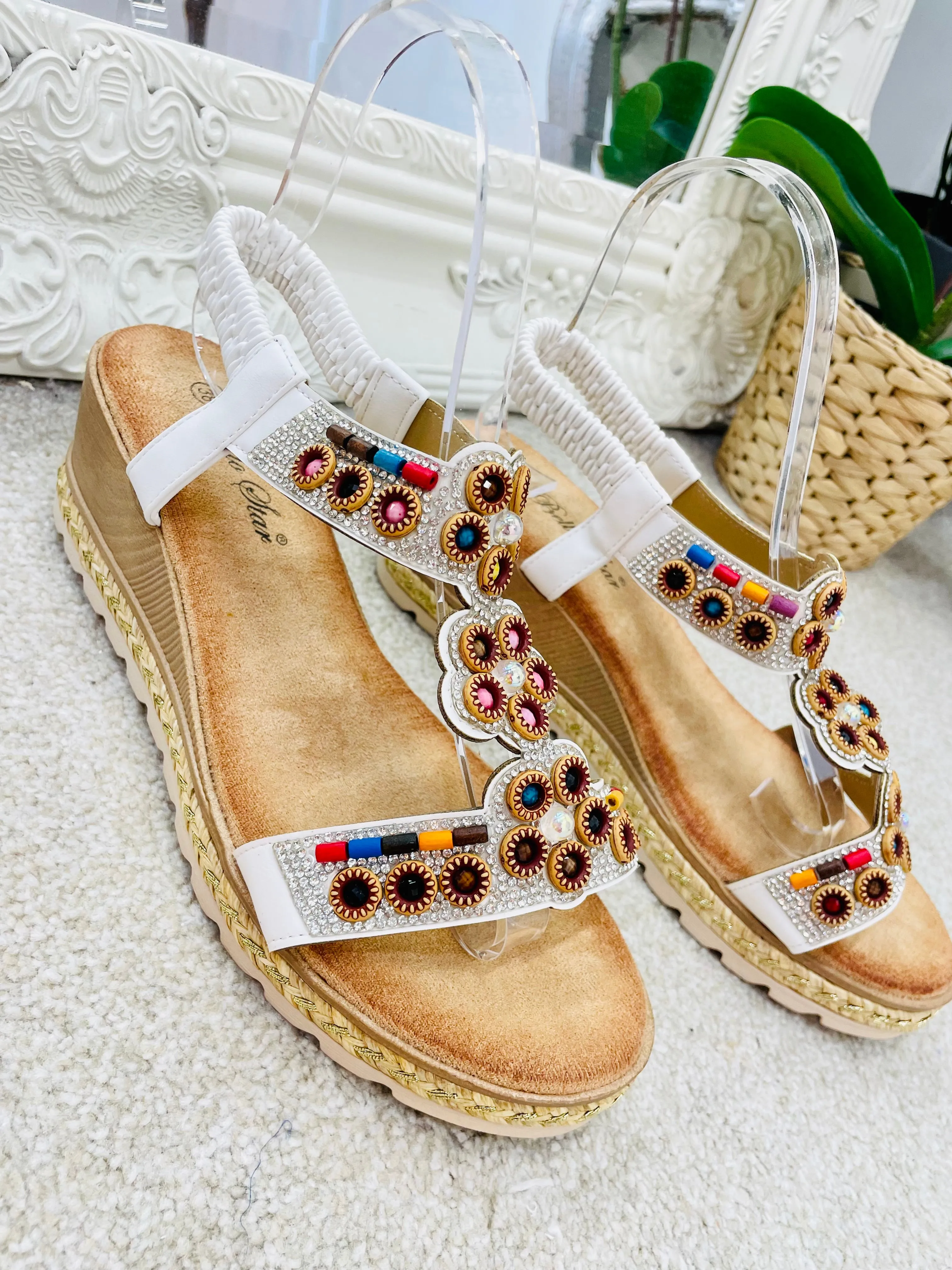 WHITE BEADED LOW WEDGE HEEL SANDALS ( W57 ) sizes 3 to 8