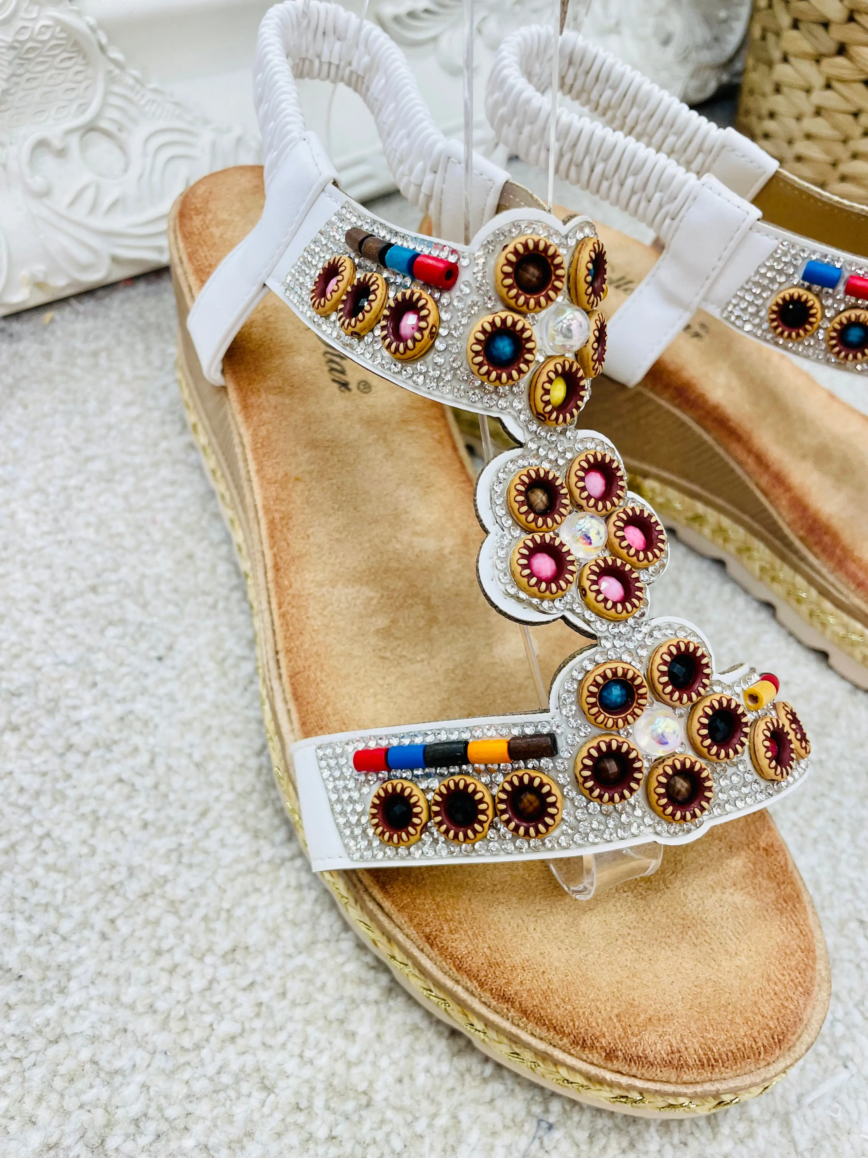 WHITE BEADED LOW WEDGE HEEL SANDALS ( W57 ) sizes 3 to 8