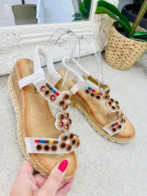 WHITE BEADED LOW WEDGE HEEL SANDALS ( W57 ) sizes 3 to 8
