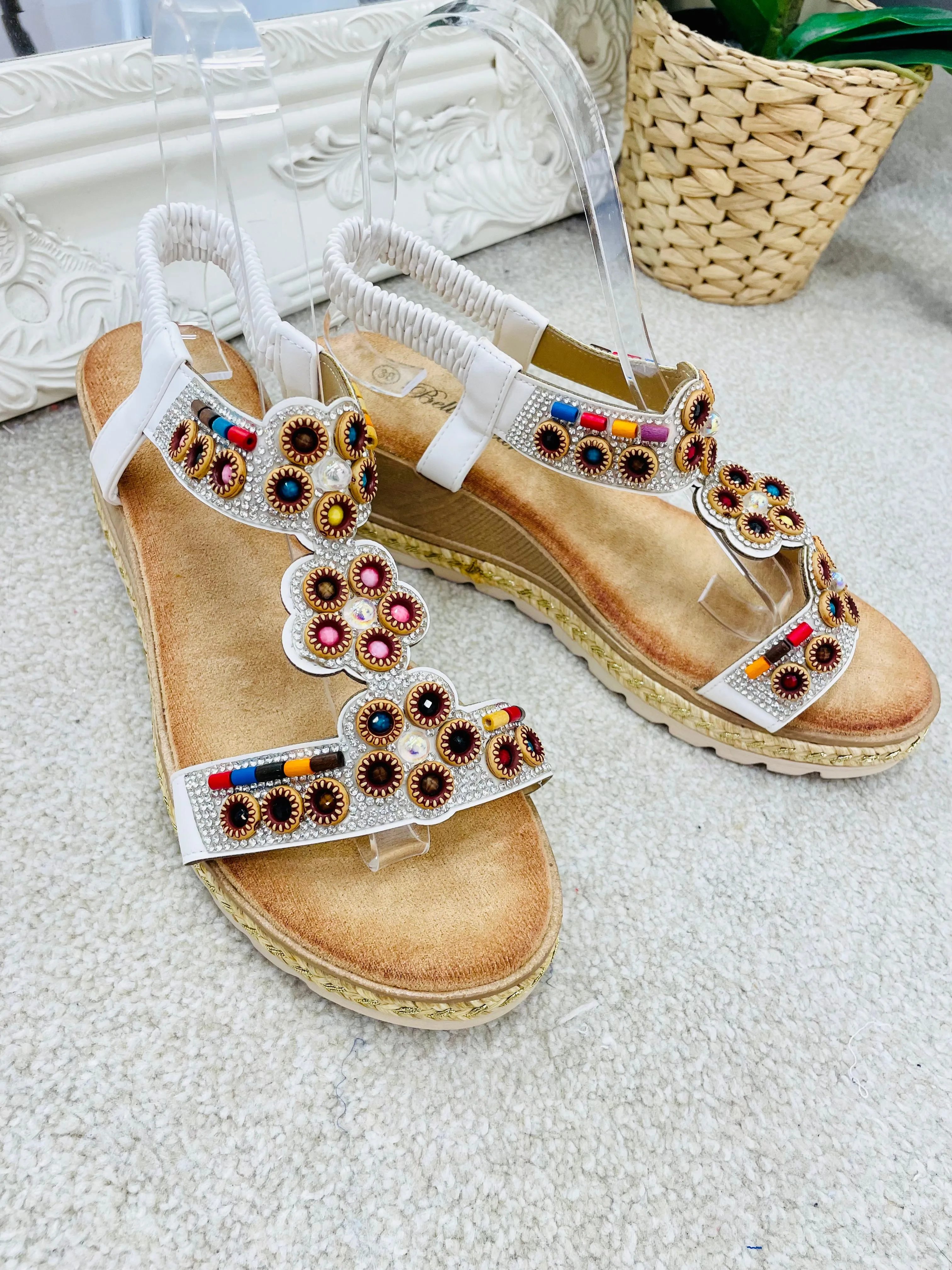 WHITE BEADED LOW WEDGE HEEL SANDALS ( W57 ) sizes 3 to 8