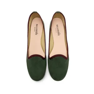 Women loafers in olive green suede and burgundy details