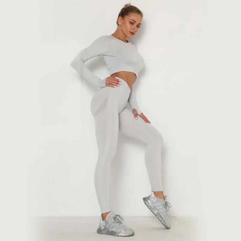 Women Seamless Workout Outfits Athletic Set Leggings   Long Sleeve Top
