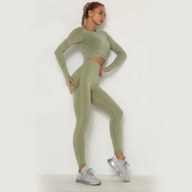 Women Seamless Workout Outfits Athletic Set Leggings   Long Sleeve Top