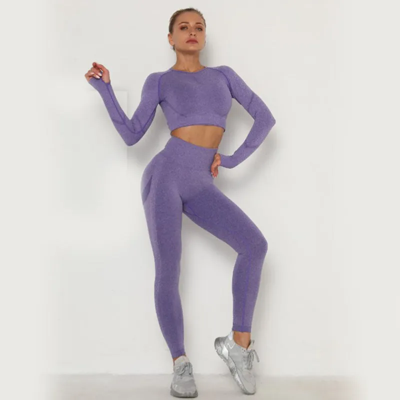 Women Seamless Workout Outfits Athletic Set Leggings   Long Sleeve Top