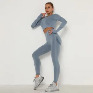 Women Seamless Workout Outfits Athletic Set Leggings   Long Sleeve Top