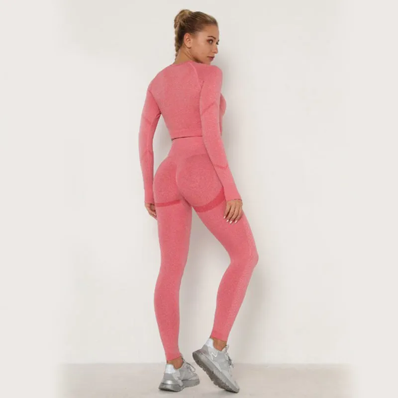 Women Seamless Workout Outfits Athletic Set Leggings   Long Sleeve Top