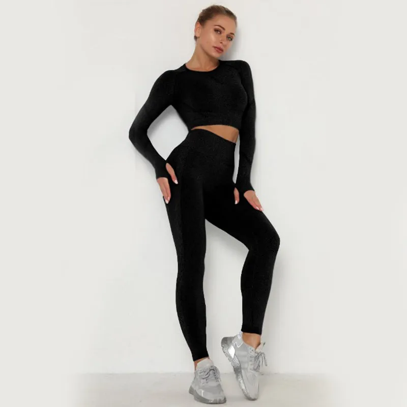 Women Seamless Workout Outfits Athletic Set Leggings   Long Sleeve Top
