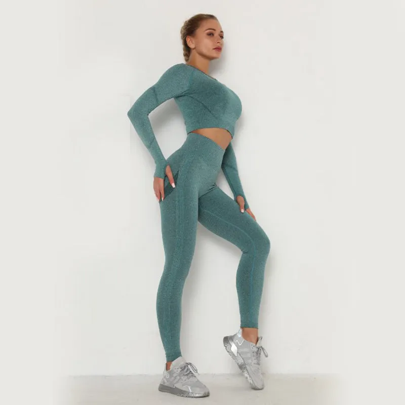 Women Seamless Workout Outfits Athletic Set Leggings   Long Sleeve Top